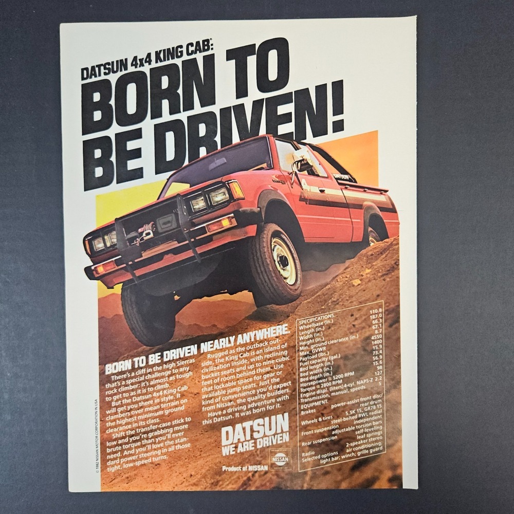 1982 Nissan Datsun 4x4 King Cab Truck Vintage Print Ad Off-Road Mountain Terrain